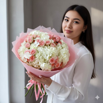 Букет из белых гортензий и розовых роз